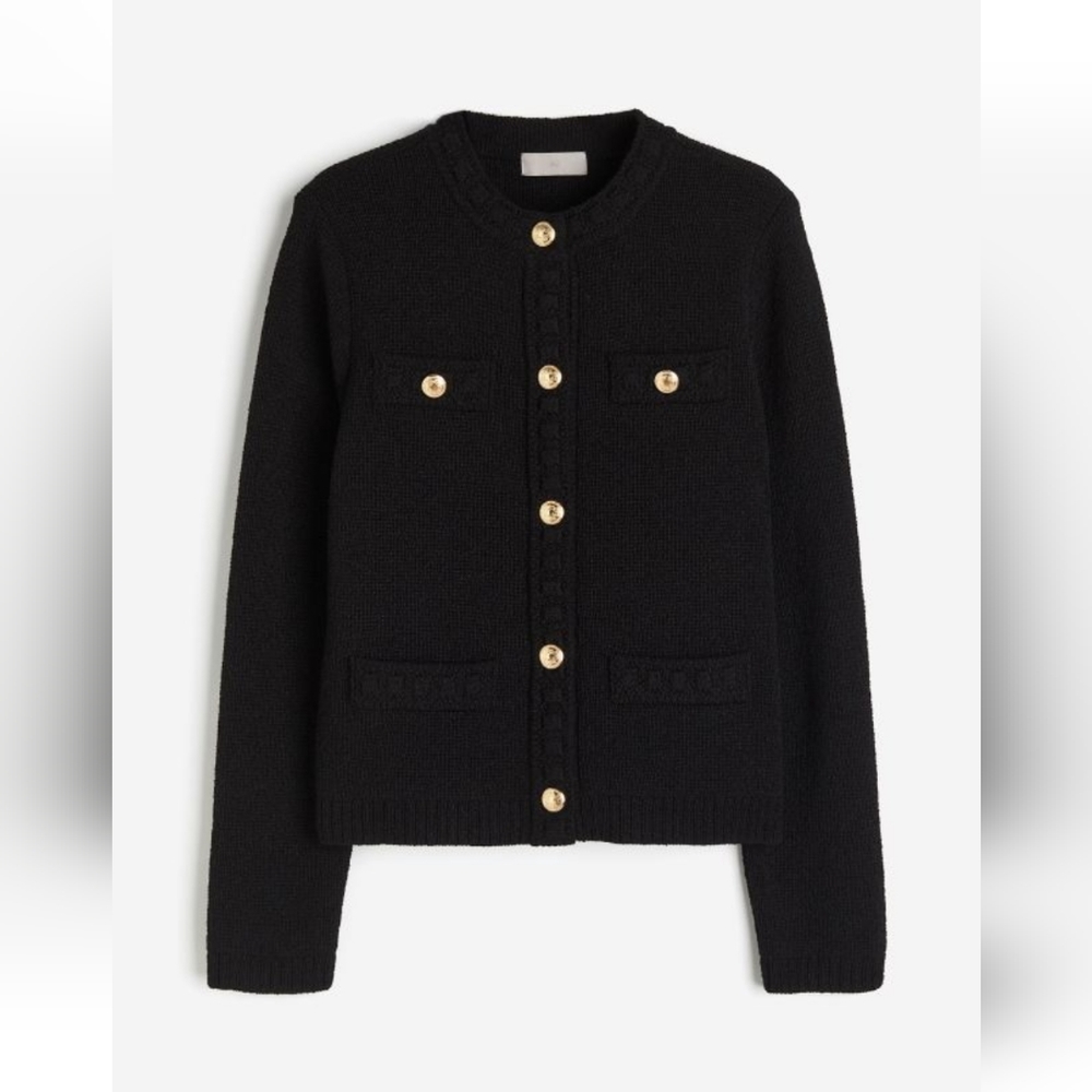 HM Black Textured-knit Cardigan with Gold Buttons (Designer Inspired)